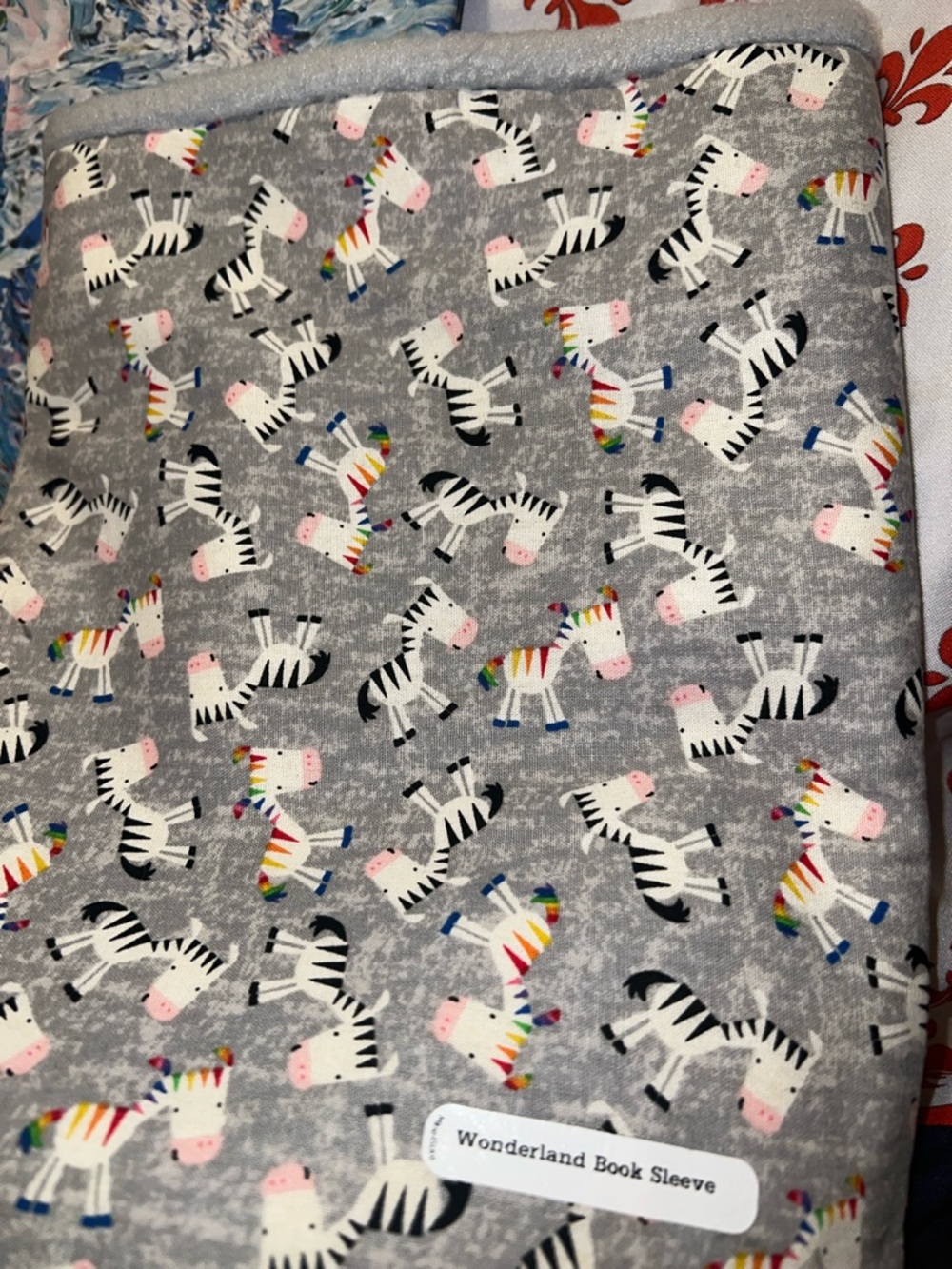 Wonderland Kids Zebra Book Sleeve - Gray with Rainbow Accents